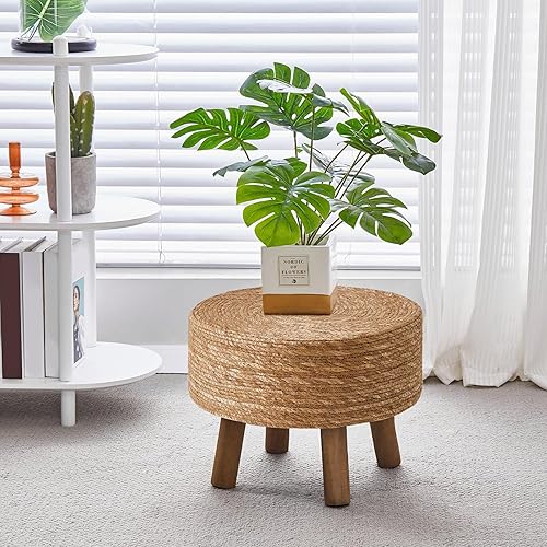 Miniatura 10 de Wimarsbon Puf otomano de 17 pulgadas, reposapiés grande con patas de madera, reposapiés de jacinto de agua natural hecho a mano, mesa auxiliar para