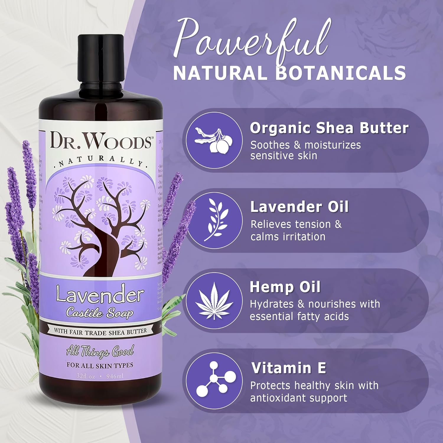 Dr. Woods Lavender Liquid Castile Soap - Castile Soap with Pure Lavender Oil, Body Wash for Men and Women, Organic Shea Butter, Natural Cleaner for Face, Hands, and Body - 32 Fl Oz, Pack of 3 - Image 3