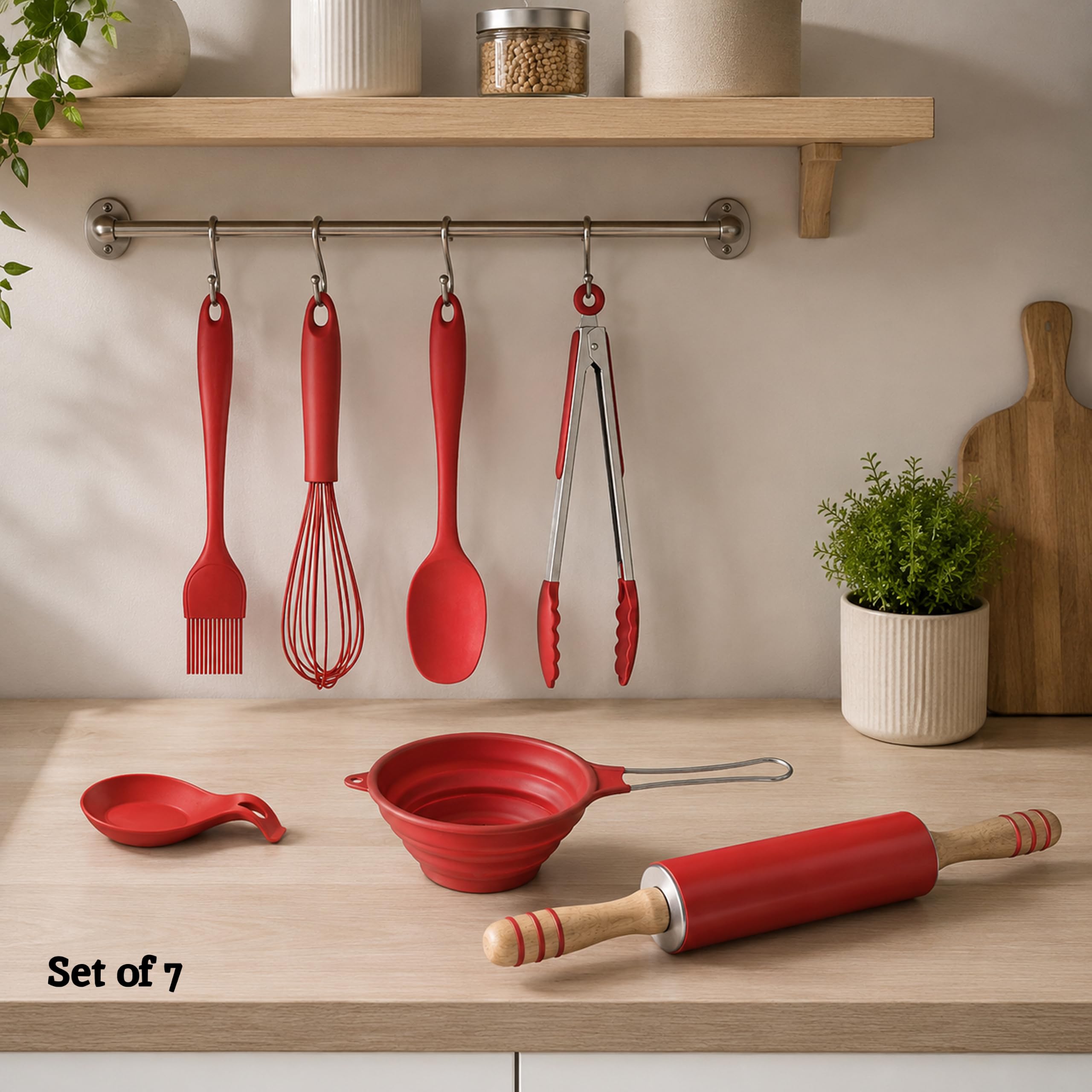 Premier Housewares - Juego de utensilios de cocina (7 piezas, silicona), color rojo
