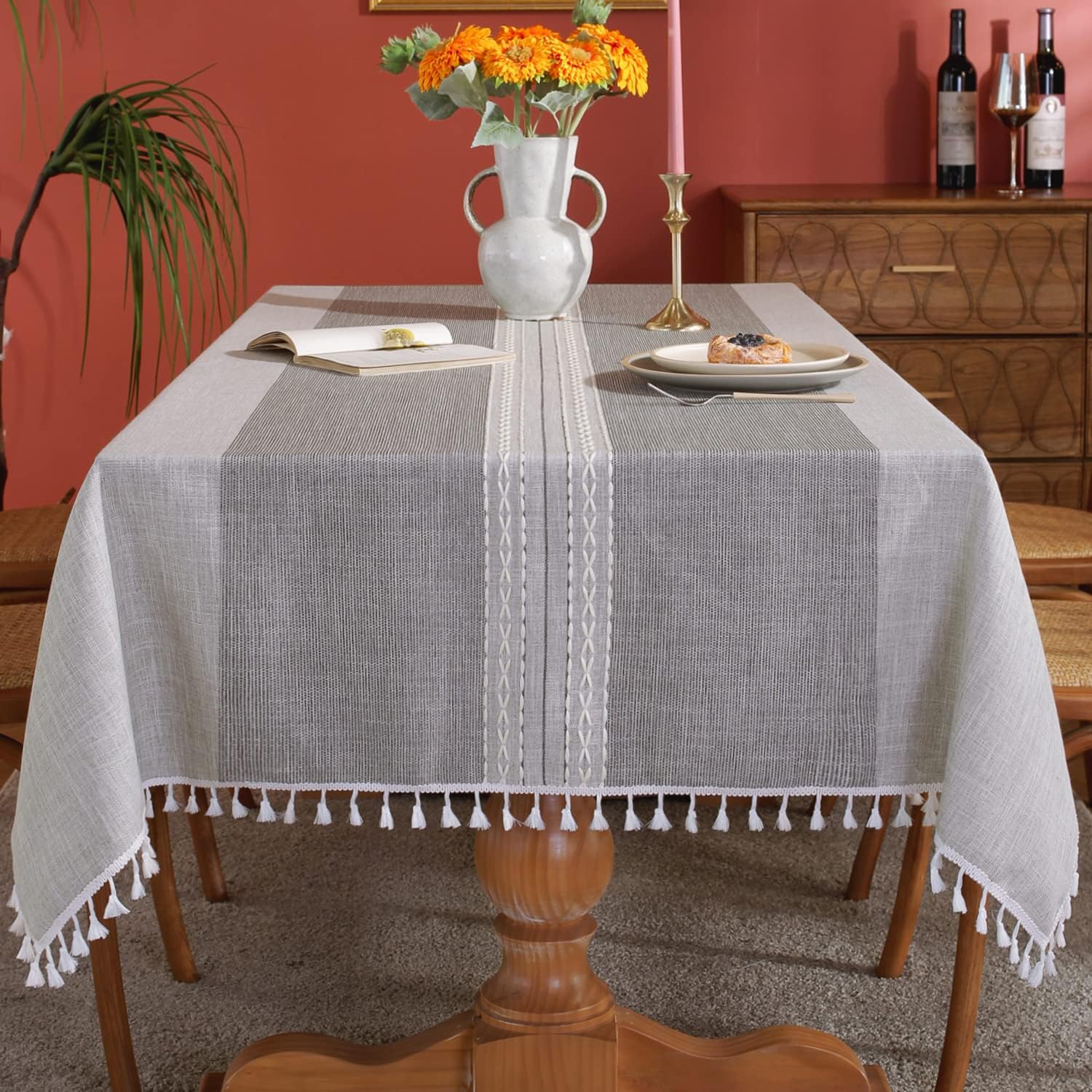 Laolitou Waterproof Tablecloths with Fringe Tassels,Grey