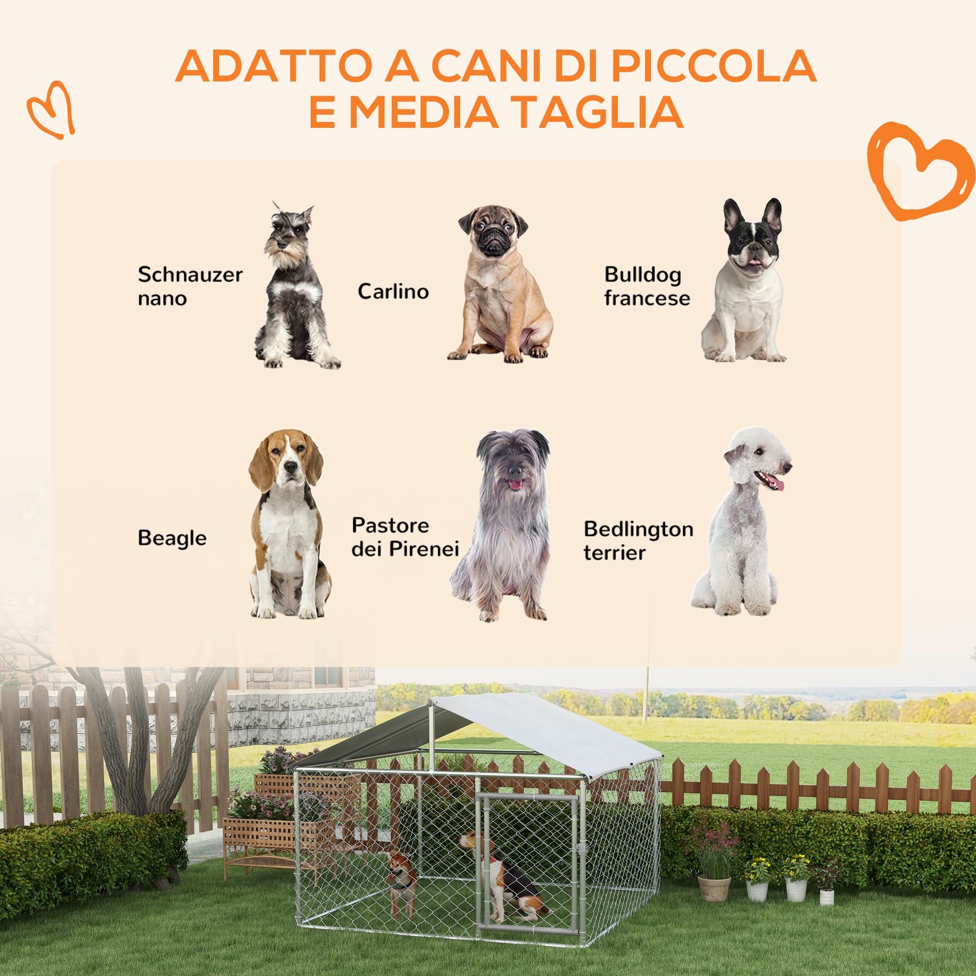 PawHut Kennel Grande per Cani da Esterno, 200x200x150cm, Argento e Grigio