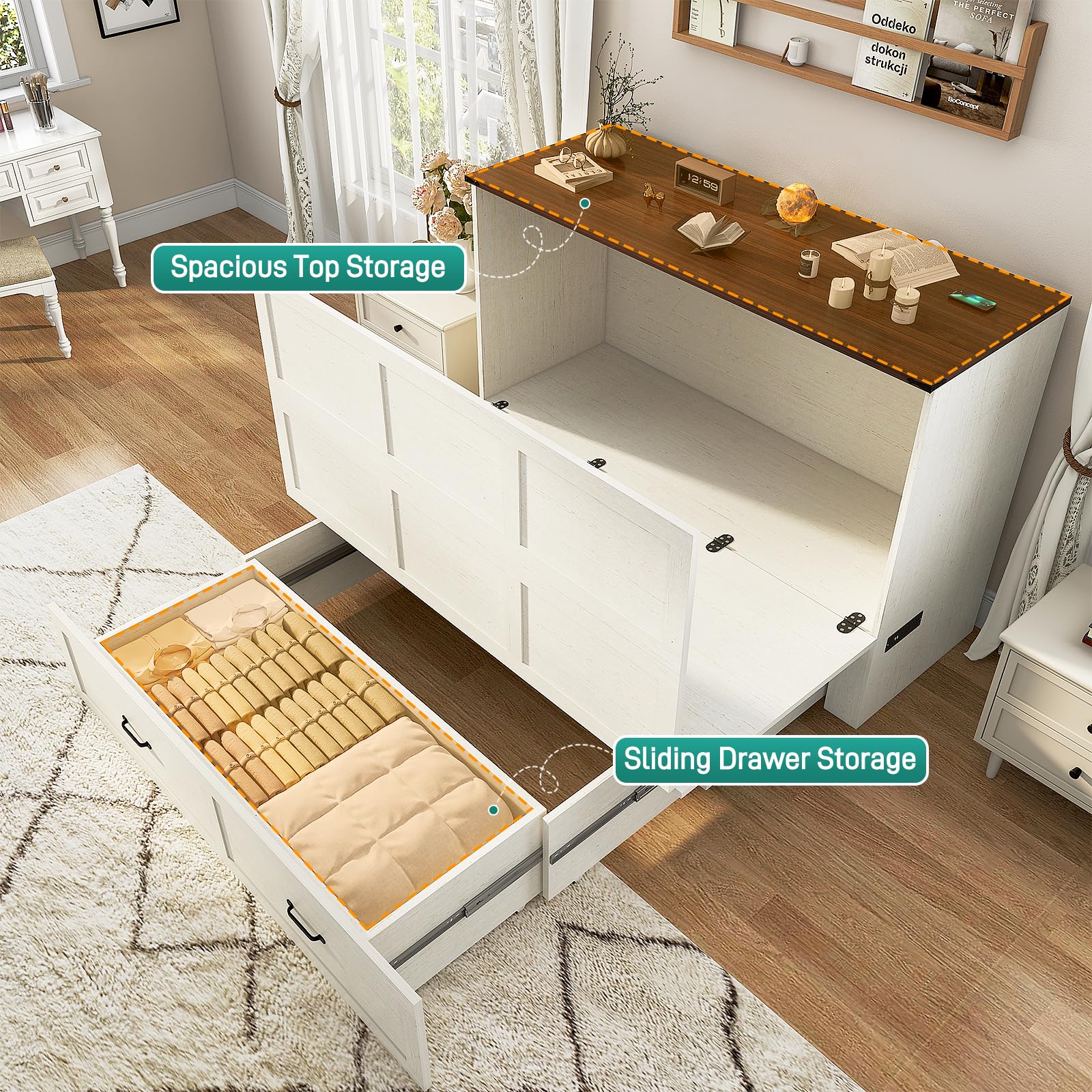Best Full Size Murphy Bed Picks for 2026 2 Hlivelood Full Size Murphy Chest Bed with Drawer and Charging Station, Farmhouse — product photo