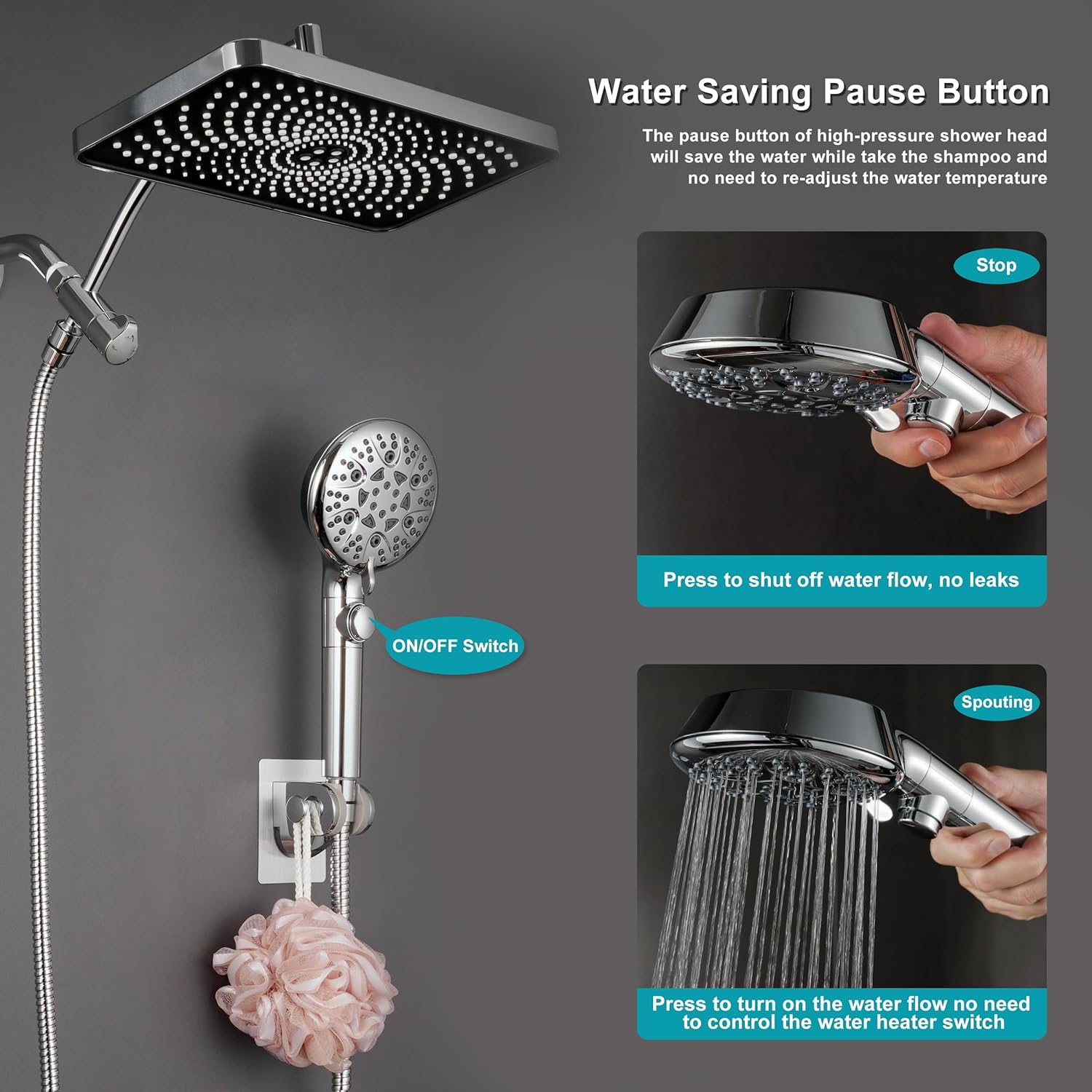 GwernKB Rain Shower Heads with Handheld Spray Combo,Fixed Showerhead&8-Mode Handheld Shower Head with 79 Inches Extra-long Stainless Steel Hose and Low-Reach Adhesive Wall Mount for Elderly