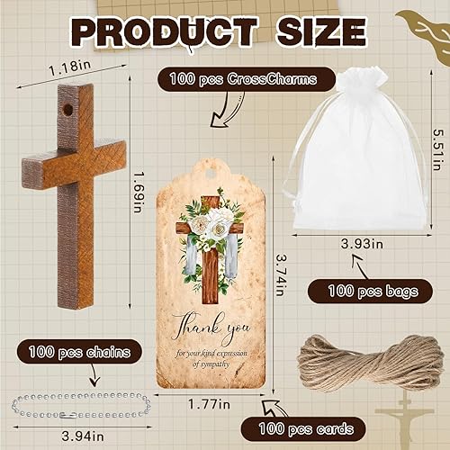 Miniatura 2 de Juego de 100 recuerdos funerarios, 100 llaveros de cruz de madera, 100 tarjetas de agradecimiento funerarias, 100 bolsas de organza para decoración