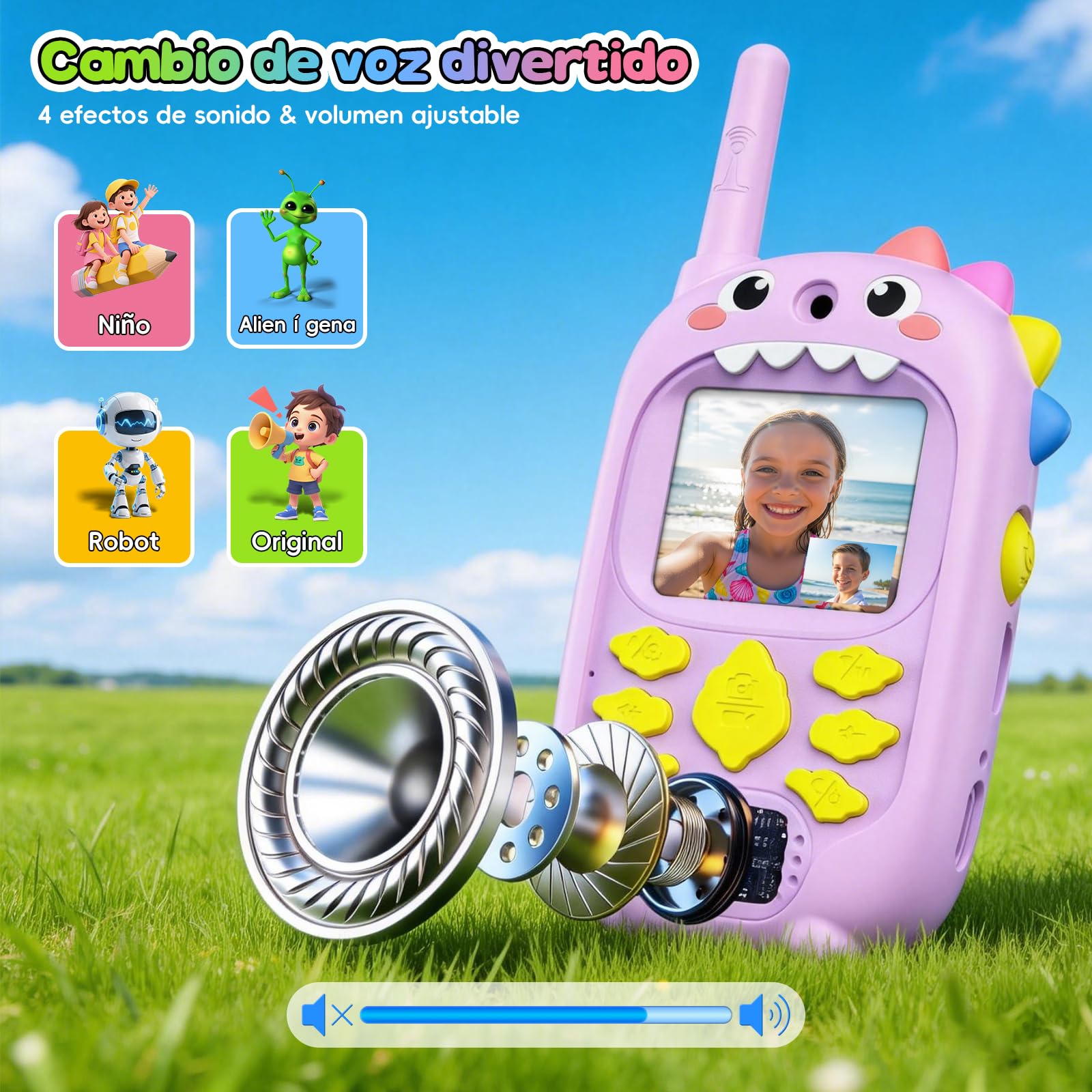 Cámara Doble Walkie Talkie Niños con Videollamada, Paquete de 2 Walkie Talkies Recargable, Largo Alcance & 4 Efectos de Voz Juguetes, Regalo de Cumpleaños para Niños & Niñas de 3 a 12 Años