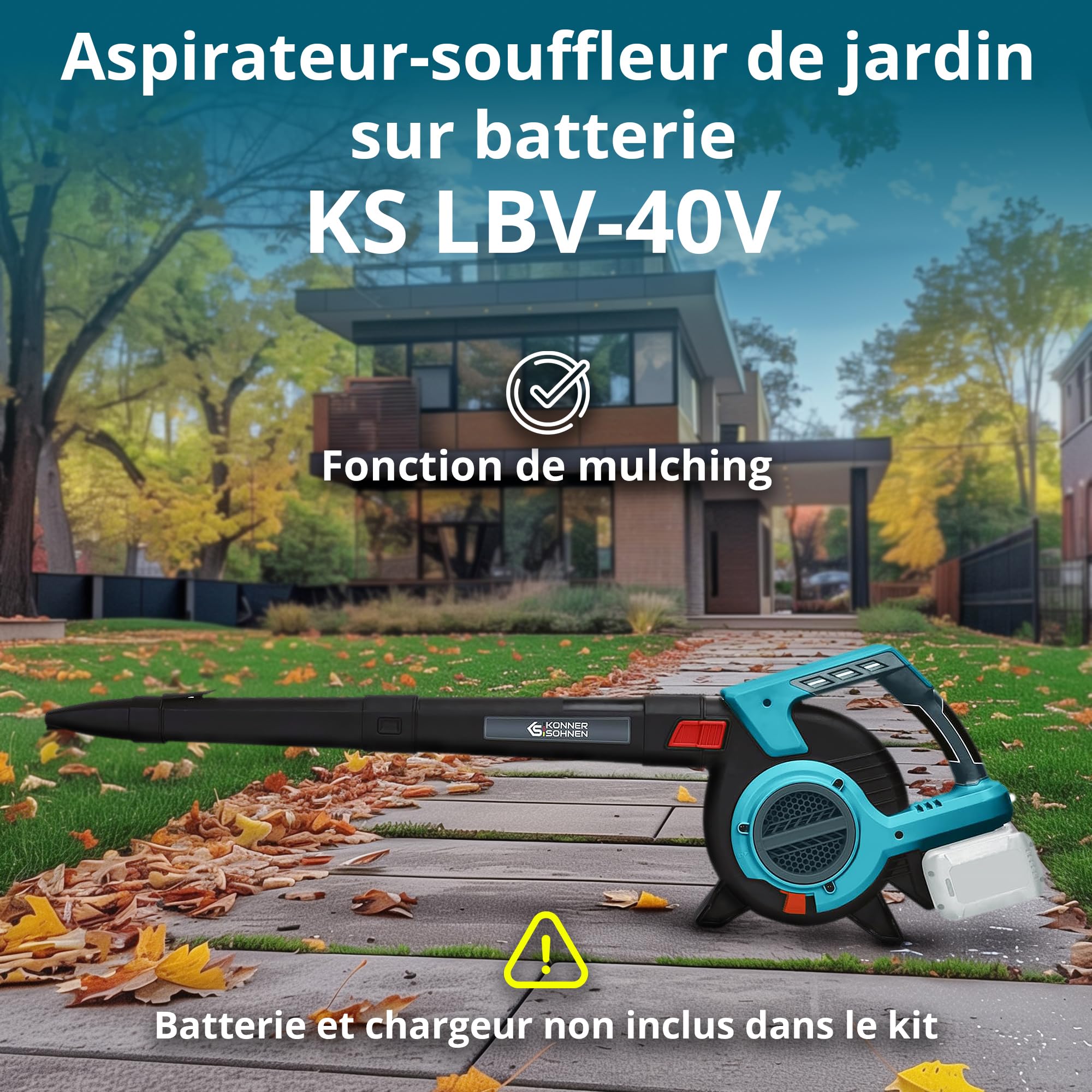 Könner & Söhnen KS LBV-40V, Aspirateur de Jardin sans Fil avec Fonction broyeur de Feuilles Tension nominale 40 (20+20) V, régime à Vide 1630 TR/Min, capacité du bac à poussière 45 l, 4 Vitesses