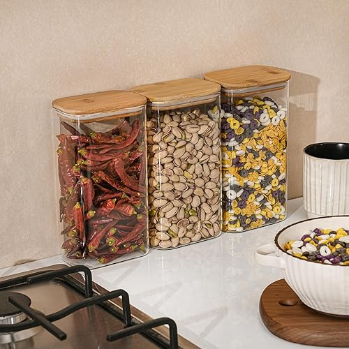 Miniatura 7 de 56oz Rectangle Airtight Glass Storage Containers with Bamboo Lids (Set of 3), Square Food Storage Jar, Pantry Organizers for Oats, Cereal, Pasta and