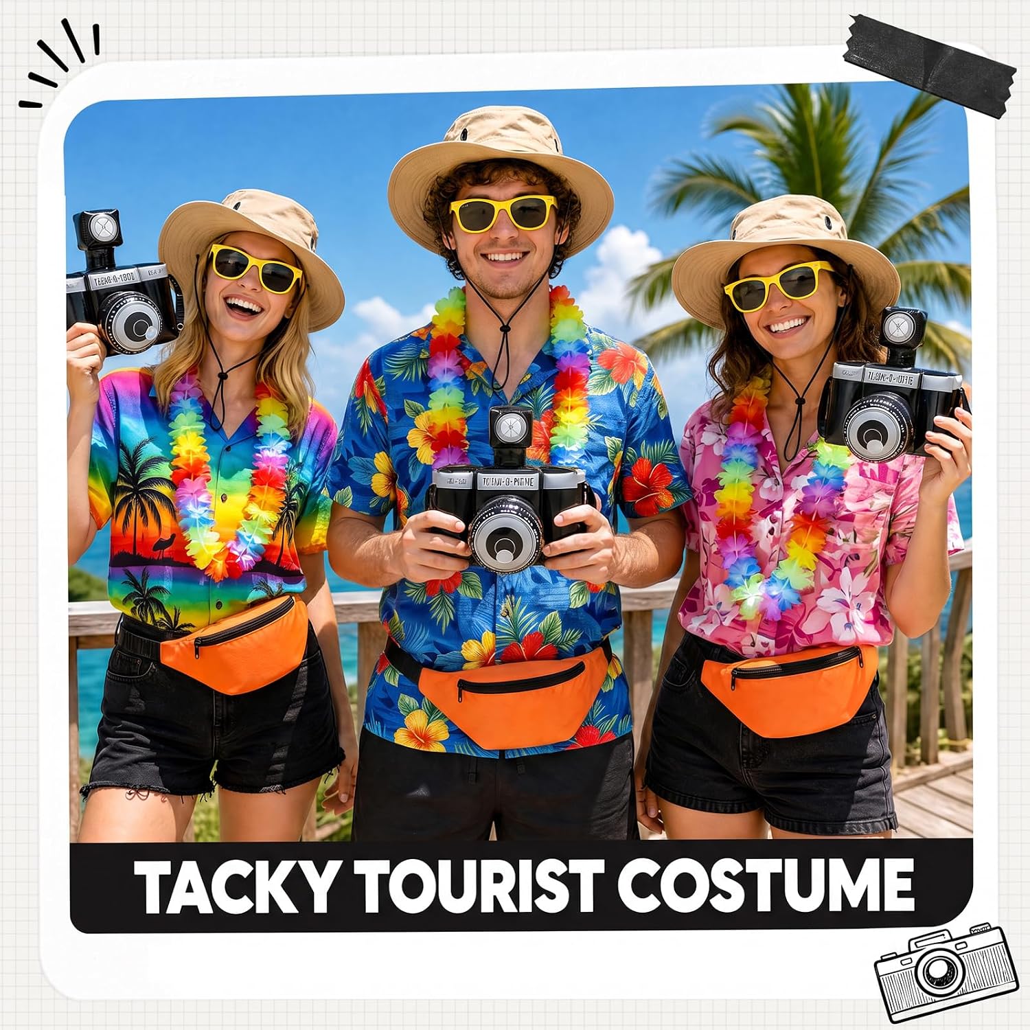 5 Pcs Adult Tacky Tourist Costume Set Halloween Tourist Cosplay Accessories Funny Camera Hat Garland Sunglasses Waist Bag for Halloween Party, 80s Theme, Tropical Luau Fancy Dress Multicolor