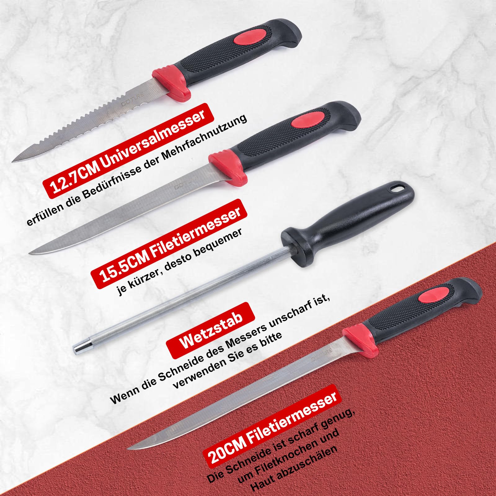 Goture Fischmesser set, Angelmesser set, Filetiermesser Fisch, Filetier-Angelset, Angelmesser mit Scheide, Schärfer, Filetiermesser, Messerset, Angelausrüstung, Grillmesser, Angelgeschenke für Männer
