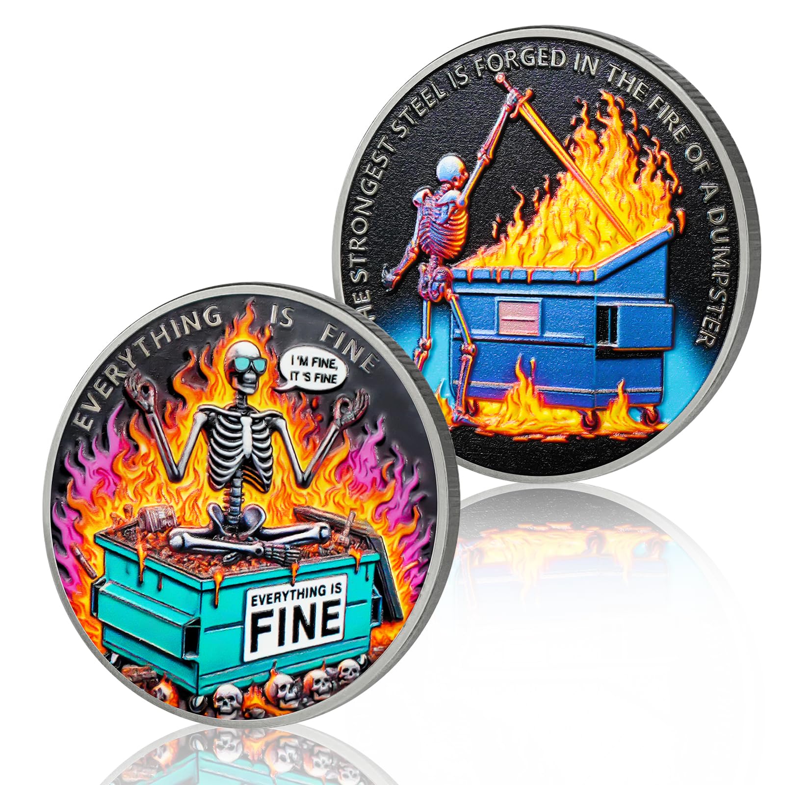 Sunglasses Skeleton Dumpster Fire Coin, Forging Steel Dumpster Fire Challenge Coin, Funny Office Desk Accessories