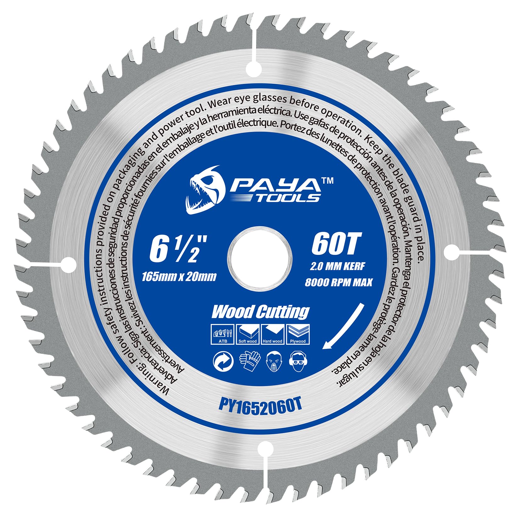 PAYA TCT Kreissägeblatt Ø 165 mm x 20 mm 60 Zähne Kreissäge Zubehör Sägen Heimwerken Schneiden Brennholz Für Paletten, Holz etc. PY1652060T TÜV Rheinland Tested and Certified