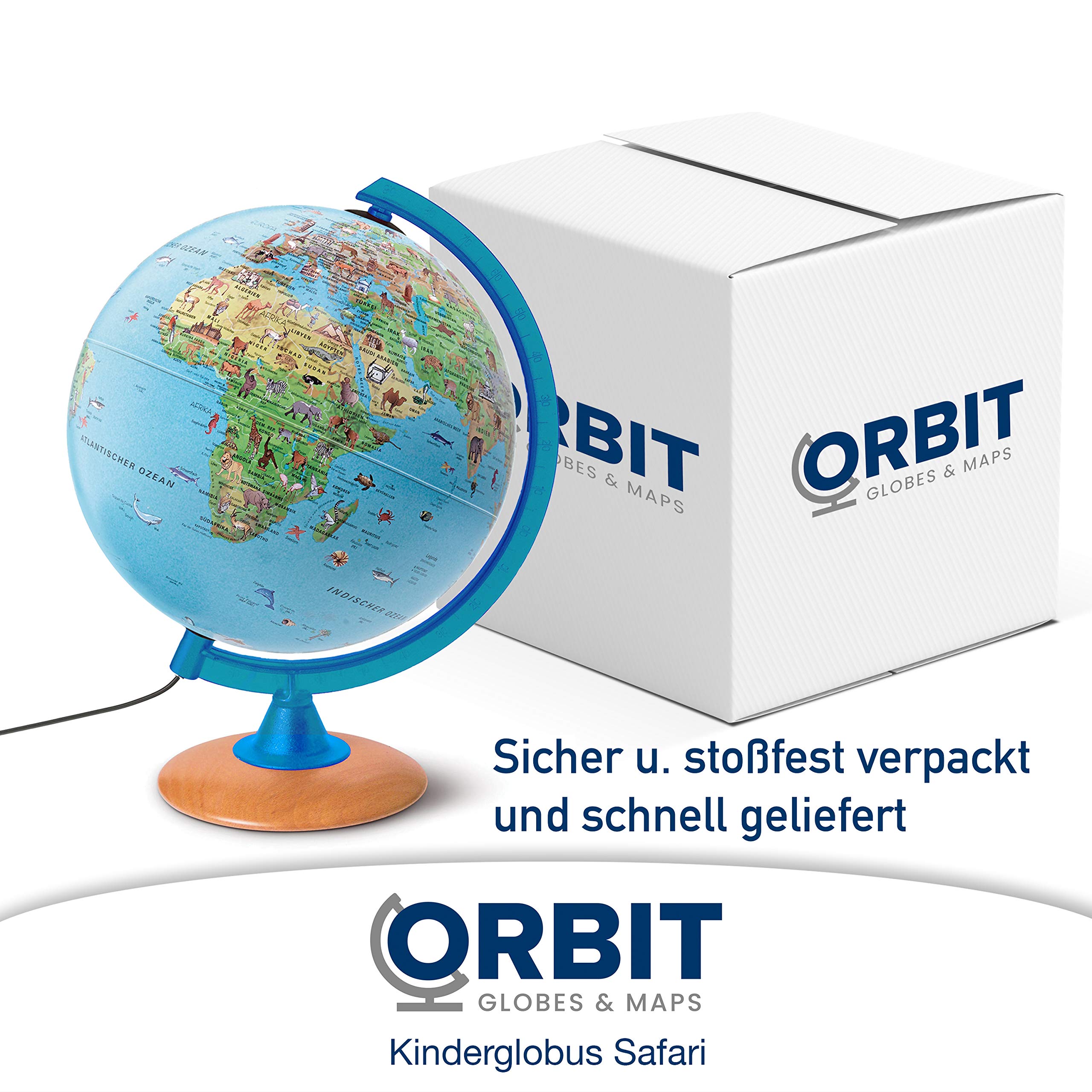 Kinder-Globus - 25cm Globus mit Holzfuß, Deutsches Kartenbild von 2026 mit vielen Abbildungen für Kinder mit LED Leuchte mit Buch