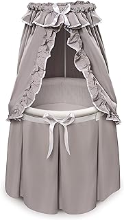 Badger Basket Empress Canopy Bassinet - Round Rocking Baby Cradle with Locking Wheels, Mattress, Bedding, and Storage Basket - 2-in-1 Bedside Sleeper - Gray/White