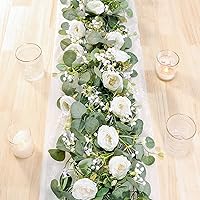 TOCHGREEN 2-Pack 13ft Artificial Eucalyptus Garland with White Roses - Realistic Fake Flower Greenery Vines for Wedding, Party, Home Table Decor