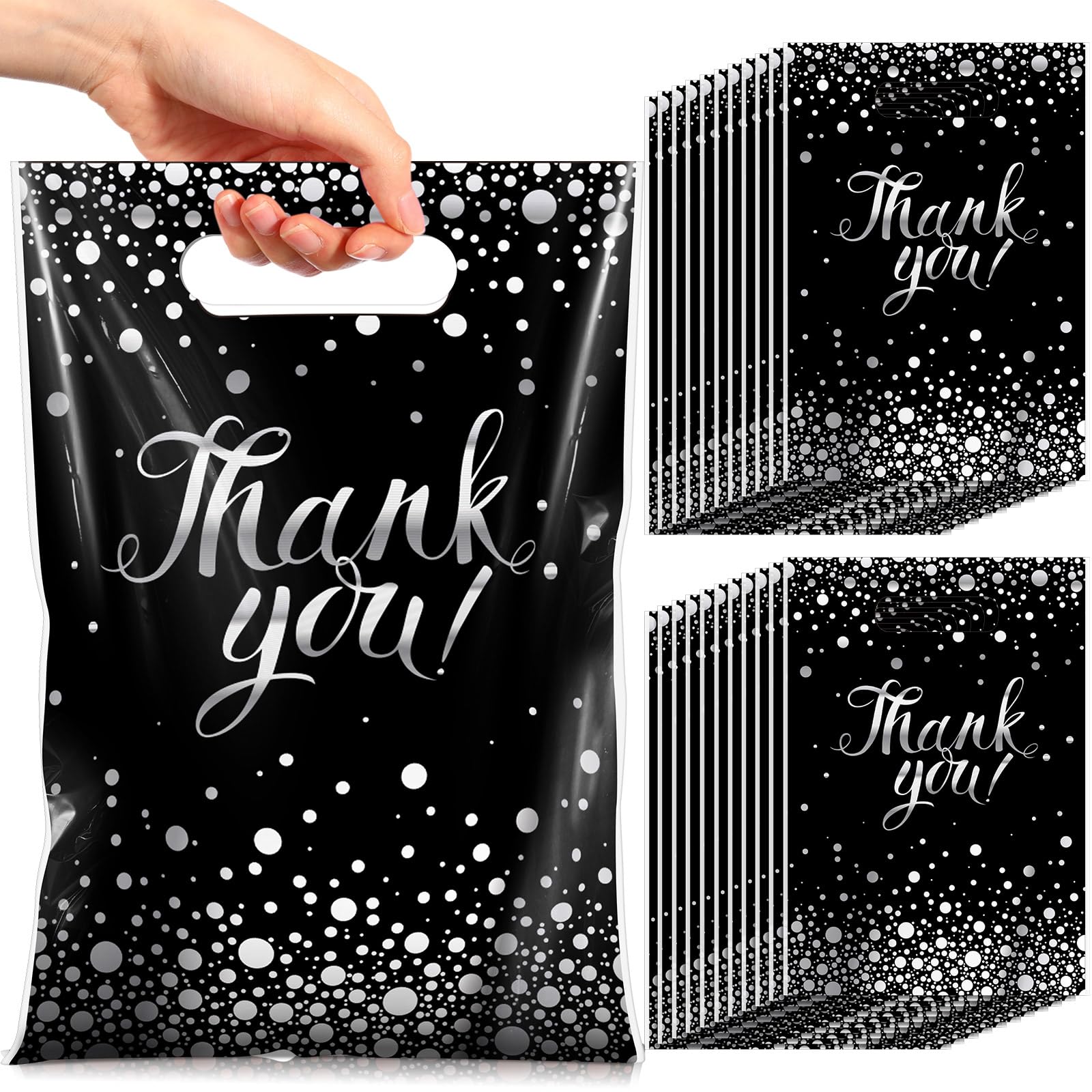 Pajean 100 Pcs Thank You Gift Bags Bulk with Handle, Small, Black Silver