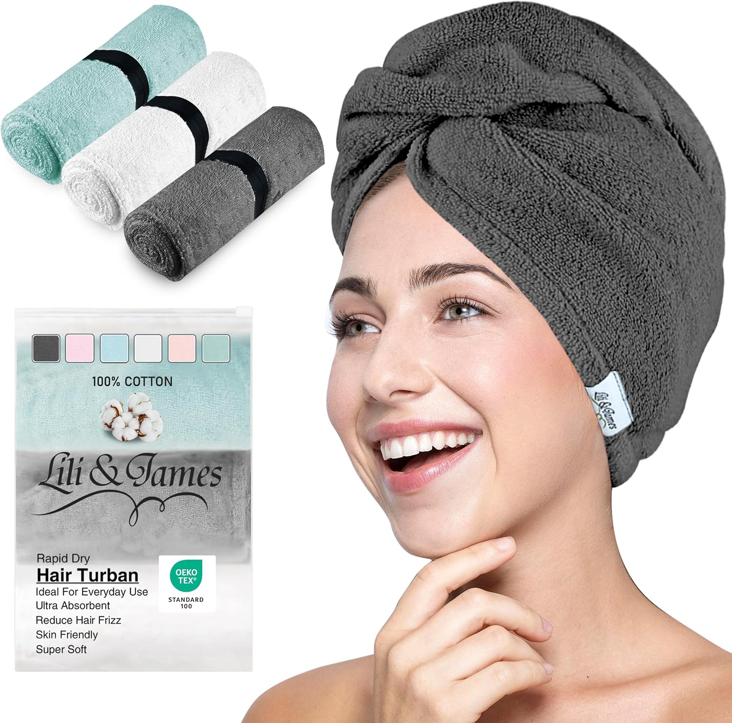 Cotton Hair Towel Wrap for Women/Kids | Quick Dry, Soft & Absorbent 420-GSM Hair Wrap Towels with Double Button | Anti Frizz, Non Microfiber Turbans for Curly, Long & Thick Hair (White+Grey+Aqua)