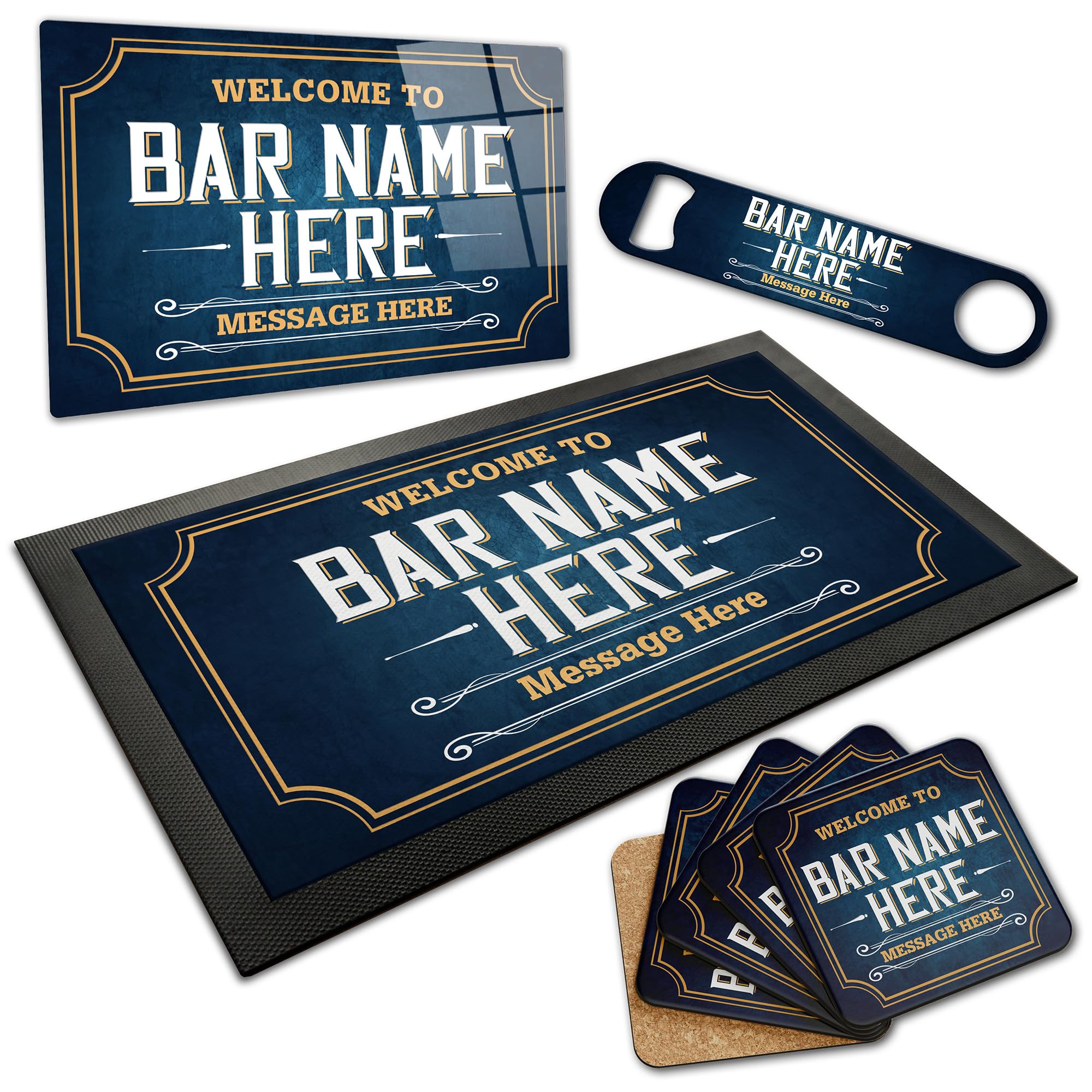 Personalised Bar Items For Home Pub or Bar - Custom Made Gift Accessory Set - Bottle Openers, Bar Runners, Coasters, Beer Mats and Pub Sign