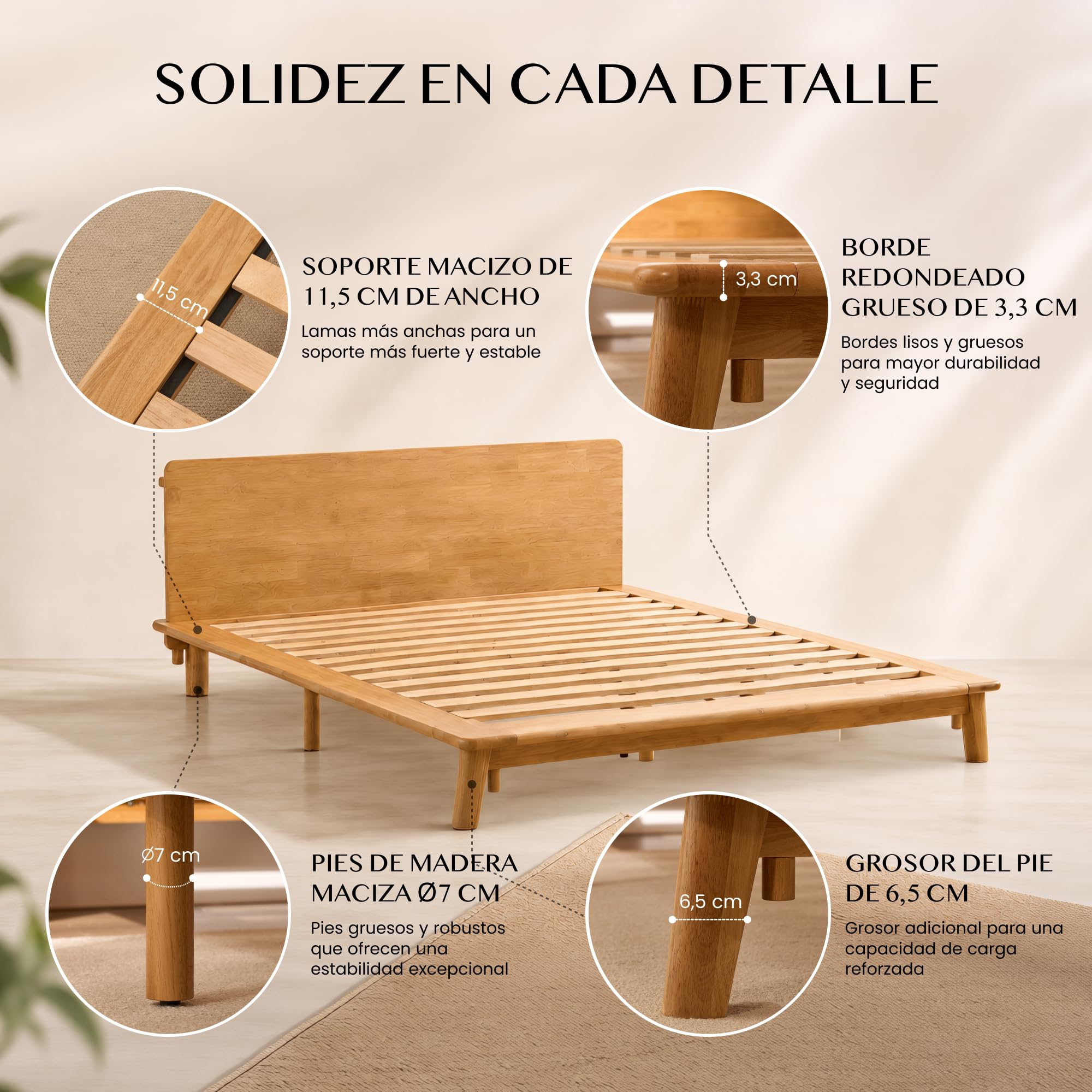 FLEXISPOT Cama de Madera Maciza 160x200 cm, Cama Doble de Madera de Caucho Natural, Sin Formaldehído, Montaje Sin Herramientas, Cabecero con Estante, Diseño Japandi, Cama Matrimonio Hako G1