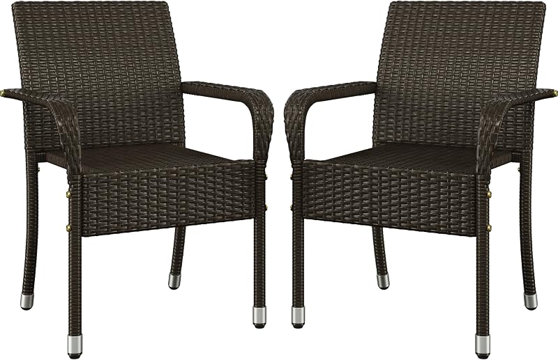 Yaheetech Juego de 2 sillas de comedor apilables de ratán para exteriores, sillón para todo tipo de clima con reposabrazos, estructura de acero para jardín, patio, terraza, patio, junto a la pileta, marrón
