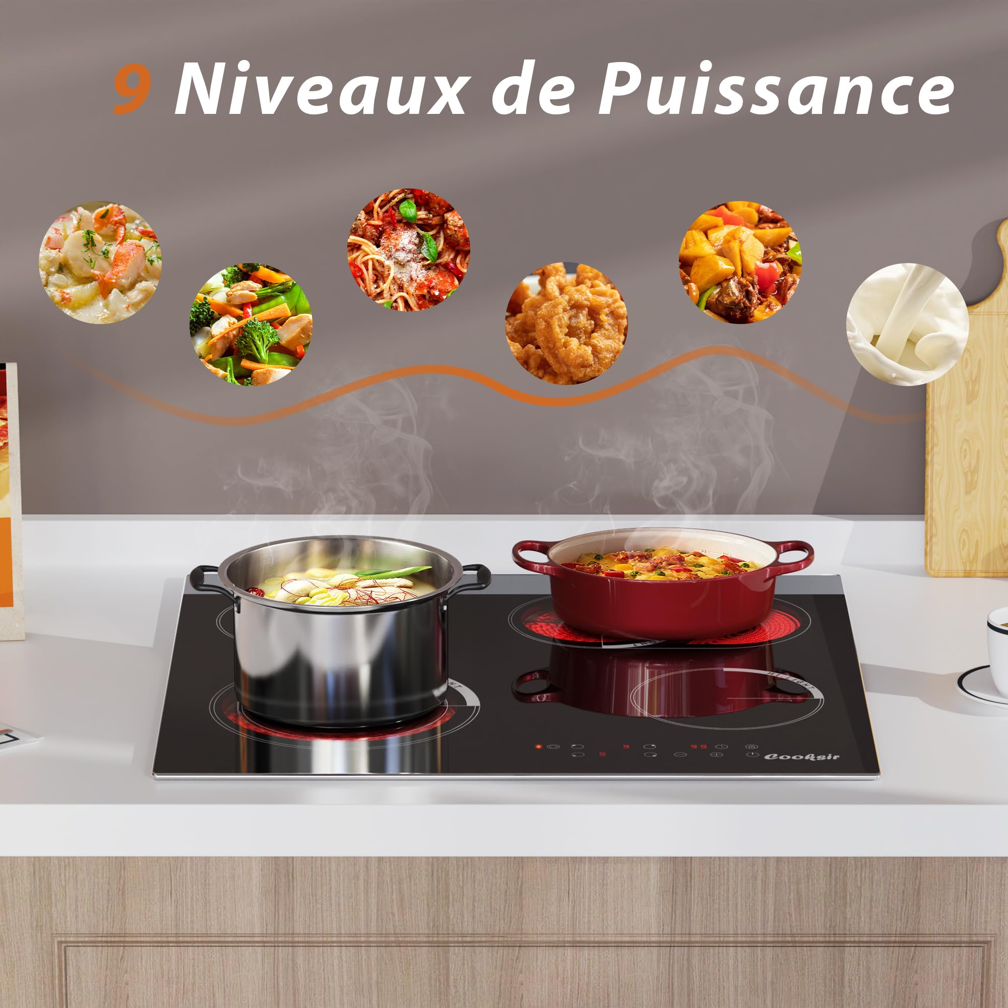 Plaque Vitrocéramique 4 Feux avec Zone Ovale | Plaque de Cuisson Electrique Encastrable 60cm, avec Cadre Métallique, 6700W, Minuterie, Verrouillage de Sécurité, 220V