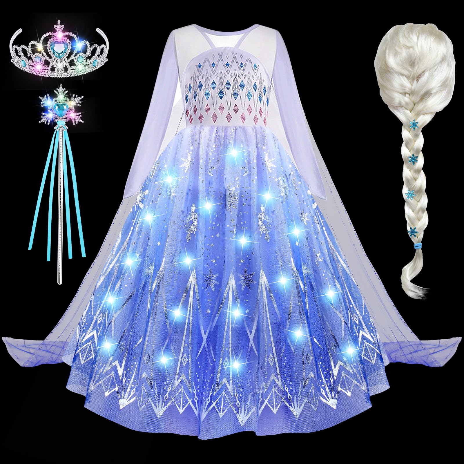 G.C LED Disfraz Princesa Niña Luminosa Vestido Elsa Frozen con Accesorios Pelucas Corona Varita Copo de Nieve Vestido Princesa Disfraz para Carnaval Halloween Cumpleaños Navidad