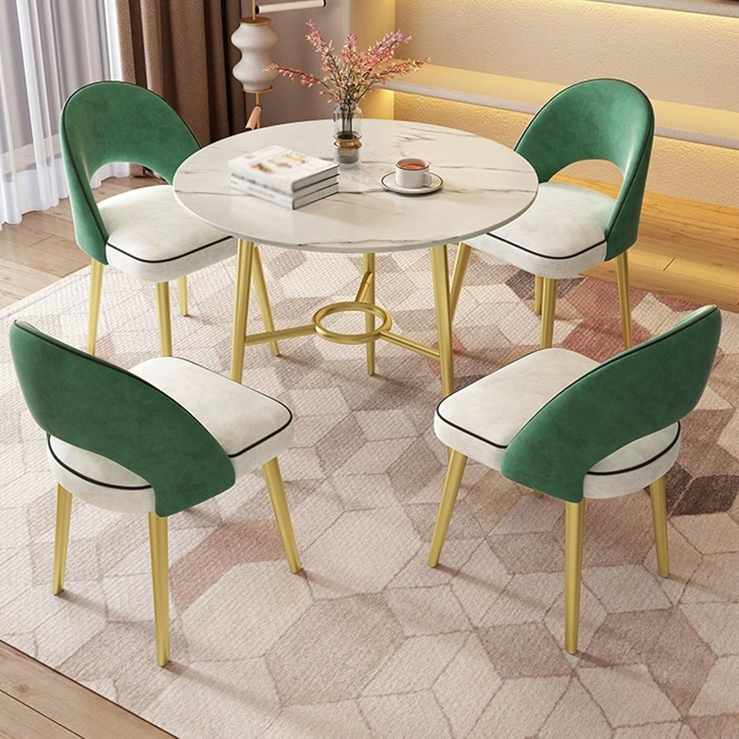 Office Reception Room Club Table and Chair Set, Marble Round Table and PU Backrest Chair Sets 5-Piece, Coffee Table and Chair Set, 80 Cm Negotiation Table (Black One Size)