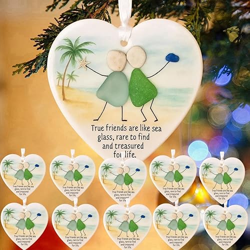 10PCS Heart-Shaped Sea Glass Friendship Ornament, Seaglass Art Friendships Christmas