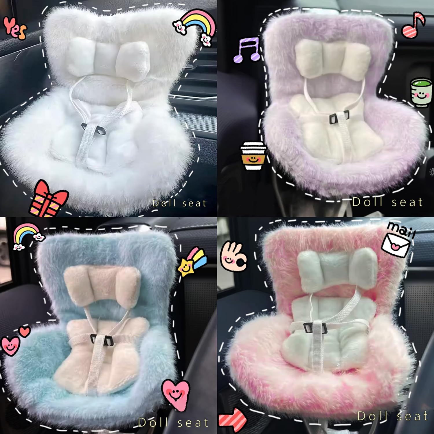 Car Seat for Dolls with Soft Furry Cushion & Air Vent Clip, Desktop Stand Accessories - Adjustable Safety Strap, Cute Car Ornament Gift for Blind Box Fans and Collectors