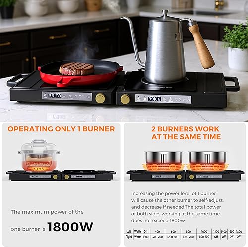 Miniatura 5 de Cocina de doble inducción, encimera de doble inducción de 1800 W con 8 ajustes de potencia, doble cocina con control táctil de sensor, temporizador