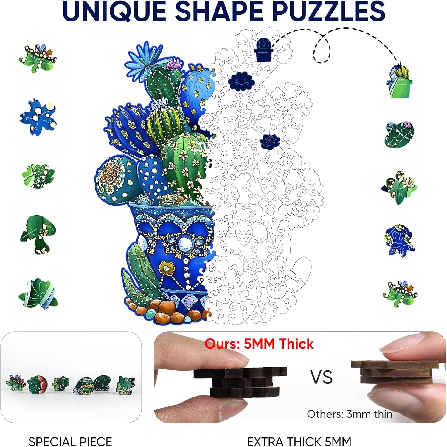 Delobil Puzzles for Adults 500 Pieces, Cactus Jigsaw Puzzles, Unique Shaped Flowers Wooden Puzzles for Adults and Kids, Family Game for Plant Lovers, 14.3 x 18.5 Inches