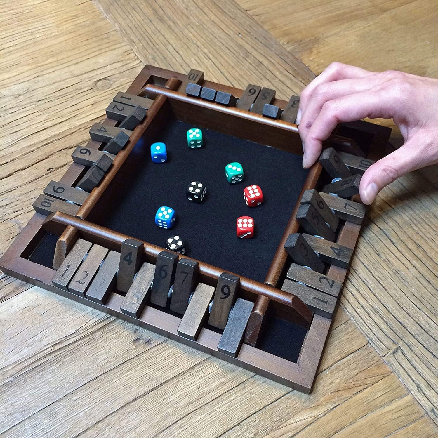 WE Games Shut the Box Wooden Board Game - Classic 4 Player Table Top Math Dice Game, Walnut Stained Wood, 8.5 inch Travel Size, 10 Numbers, for Families and Adults