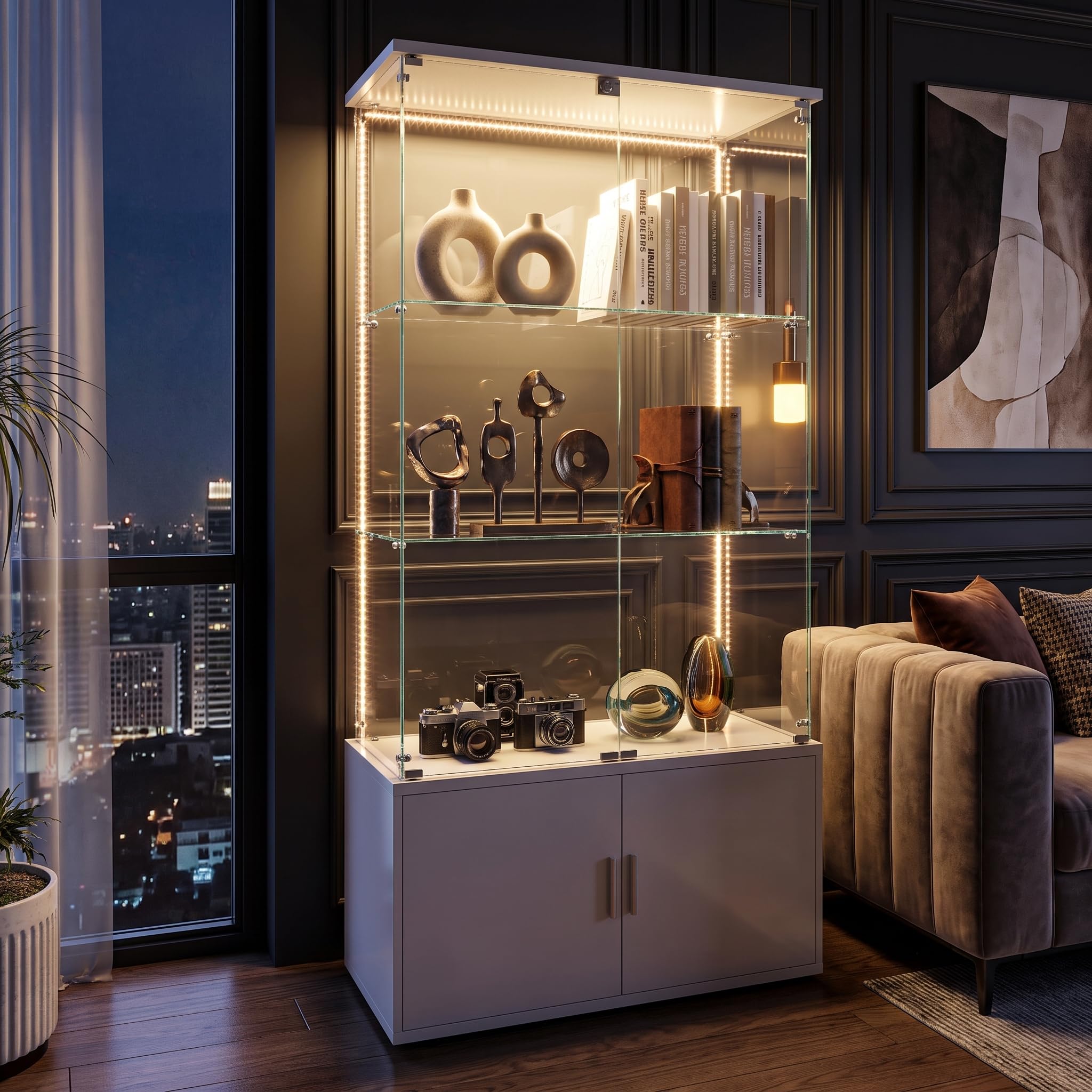 Glas Vitrine 3 Etagen, Glas Vitrinenschrank mit LED, Standvitrine Abschließbar, Glasvitrine mit Unterschrank, Vitrinenschrank Wohnzimmer, Schlafzimmer, Büro, Küche