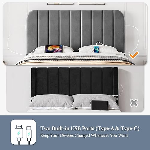 Miniatura 4 de Topeakmart Marco de cama tapizado de terciopelo completo con 2 estaciones de carga USB integradas, cabecera capitonada de canal, base de colchón,