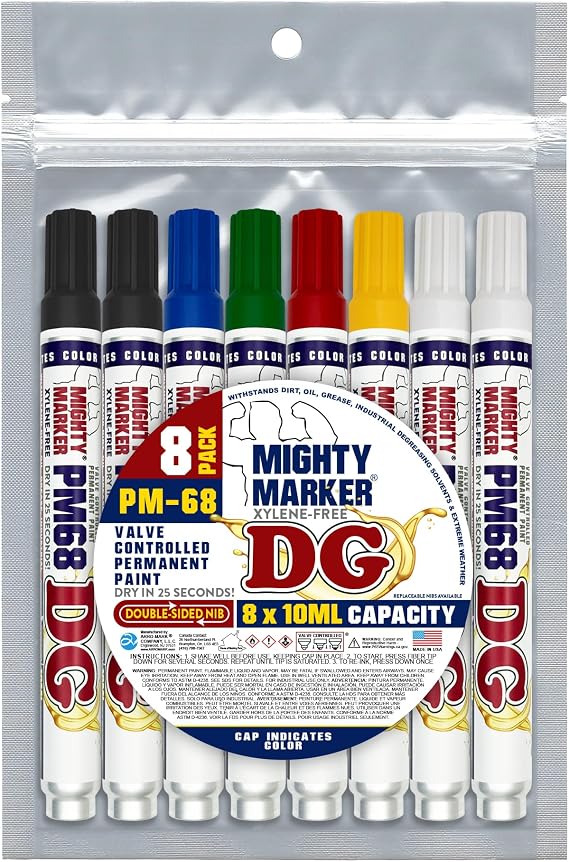 PM-68 DG Paint Markers, Heavy Duty Industrial Paint Markers, Ketone-Based, Xylene Free, Quick Dry, Degrease Resistant, Made in USA, Assorted 8-Pack