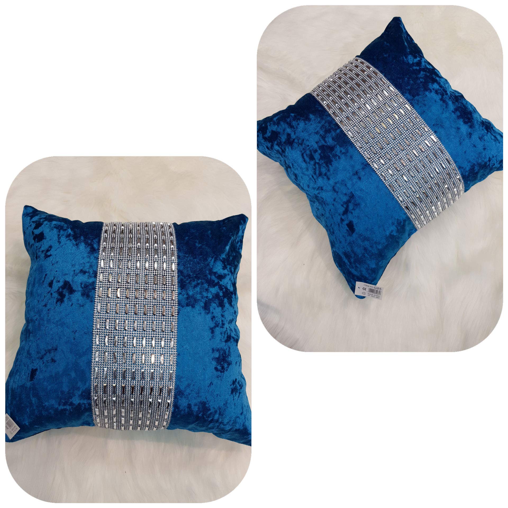Householdfurnishing Teal Blue Stylish Cushion Cover Crushed Velvet Luxurious Modern Design Sparkle Diamante (, Cushion Cover 45 X 45 Cm)