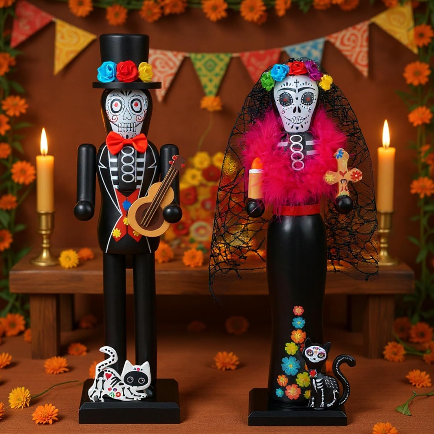 2 Pcs Day of The Dead Nutcracker 14 Inch Mexican Fiesta Theme Party Figures Wooden Sugar Skull Nutcracker Decor for Holiday Tables Desktop Fireplace