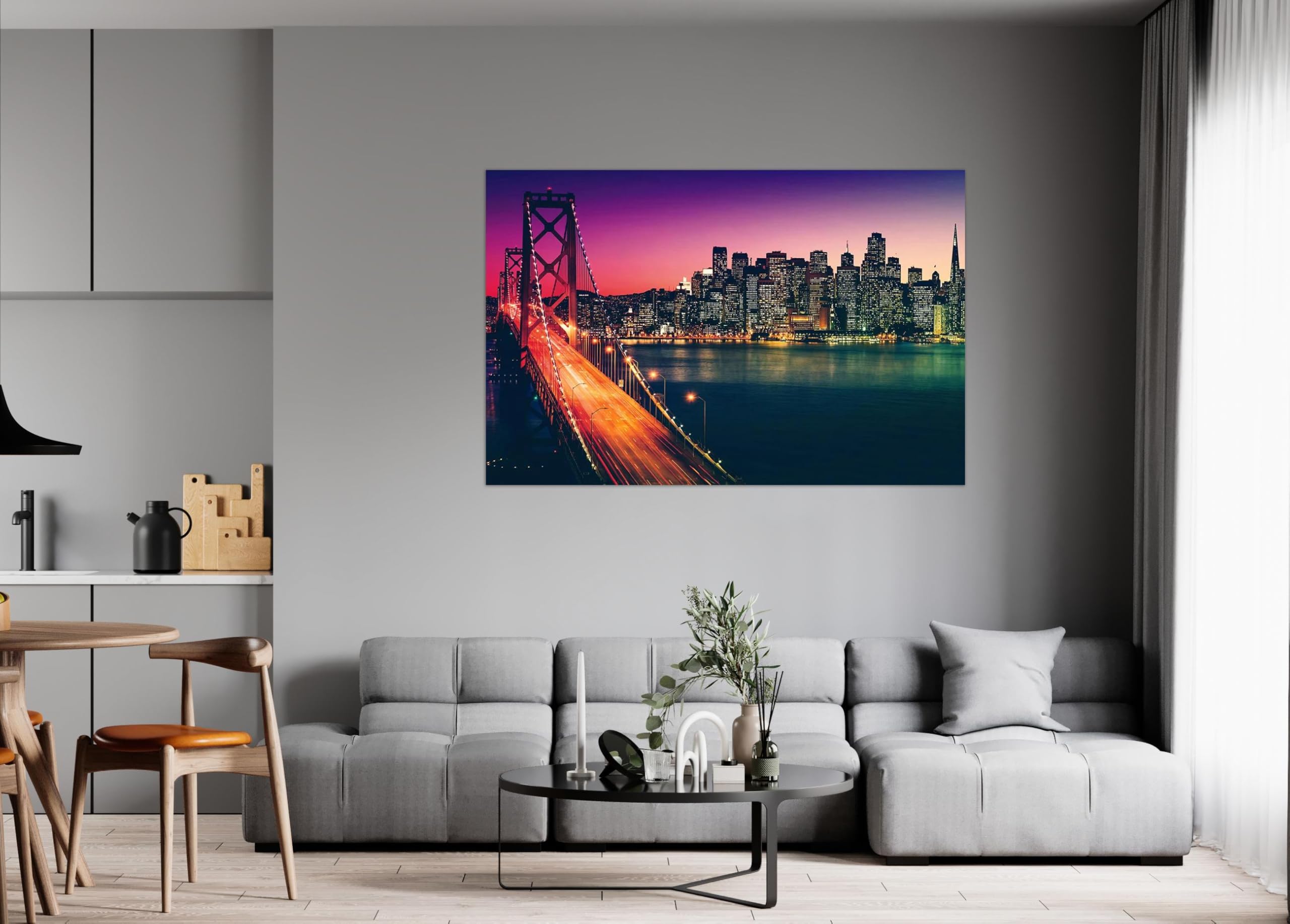 Stadtlandschaft Leinwandbild-Panorama Bilder auf Leinwand-Landschaftsbilder Wandbilder Wohnzimmer Moderne(Gebäude Brücke Nacht) 60x90cm Umwickelte Leinwand