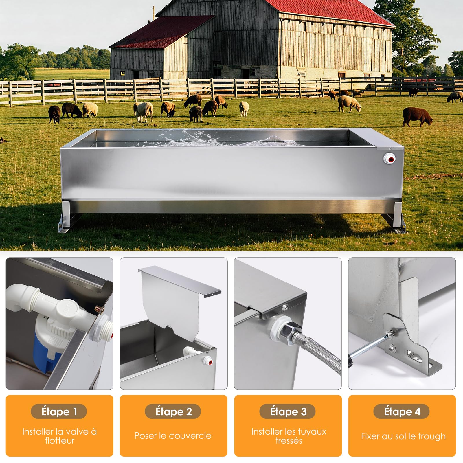 50 litres Bac à Abreuvoir avec Flotteur 1/2 Pouce, Abreuvoir Automatique avec Kit de Connexion, Bac à Abreuvoir à Flotteur avec Supports, Distributeur d’Eau pour Chevaux, Chèvres, Bœufs