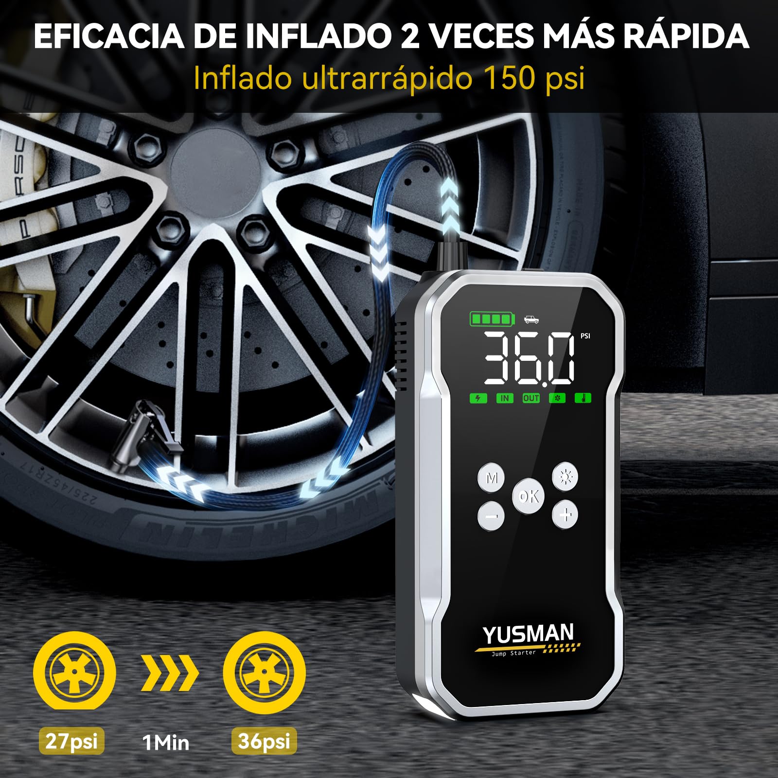 YUSMAN Arrancador de Baterias de Coche con Compresor de Aire, 12V Arrancador Coche Portatil con Inflador, Linterna LED de Emergencia