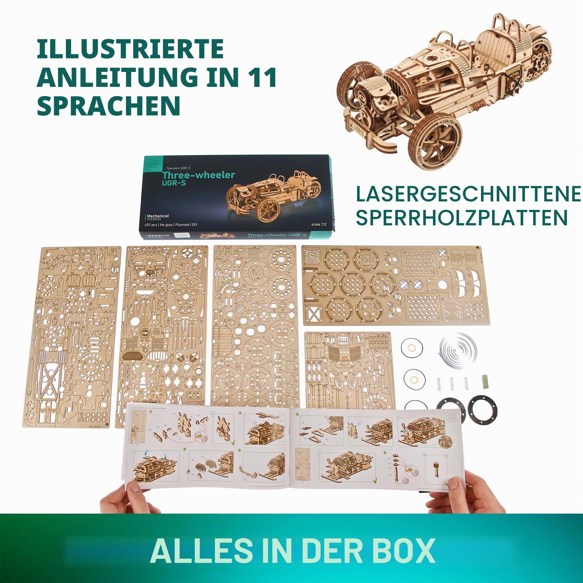 UGEARS Dreiradfahrzeug UGR-S - 3D Holzpuzzle Motorrad - Auto 3D Puzzle Modellbausatz für Erwachsene - 3D Motorrad Holzpuzzle - Magicholz Motorrad Modell mit funktionsfähiger Lenkung und Federmotor