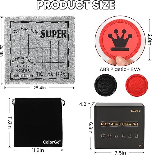 Miniatura 4 de Juego de ajedrez gigante vintage 4 en 1, damas jumbo y dedo grande de Tic Tac Toe con alfombrilla de juego de mesa reversible y 34 piezas de