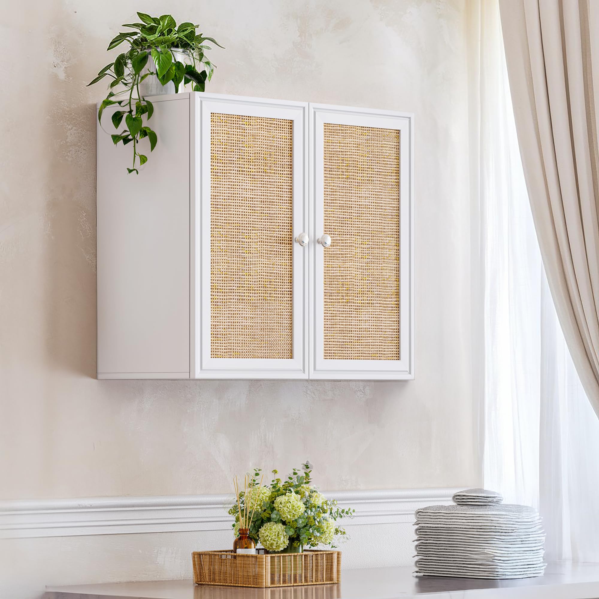 Furnaza Rattan Wall Cabinets Storage - 24" Kitchen Wall Mounted Cabinets with 2 Paper Rattan Doors and Shlelf Adjustable in Laundry or Bathroom Over The Toilet, in White