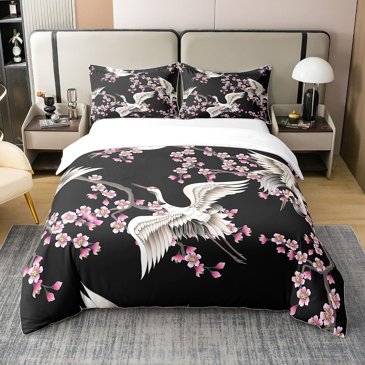 Richhome Multicoloured 28 King Themed Ukiyo-E Japanese Bedding Set 100% Pure Cotton Cherry Blossom Duvet Cover Children's Japanese Quilt Cover Crane Grain Black Exotic 3Pcs