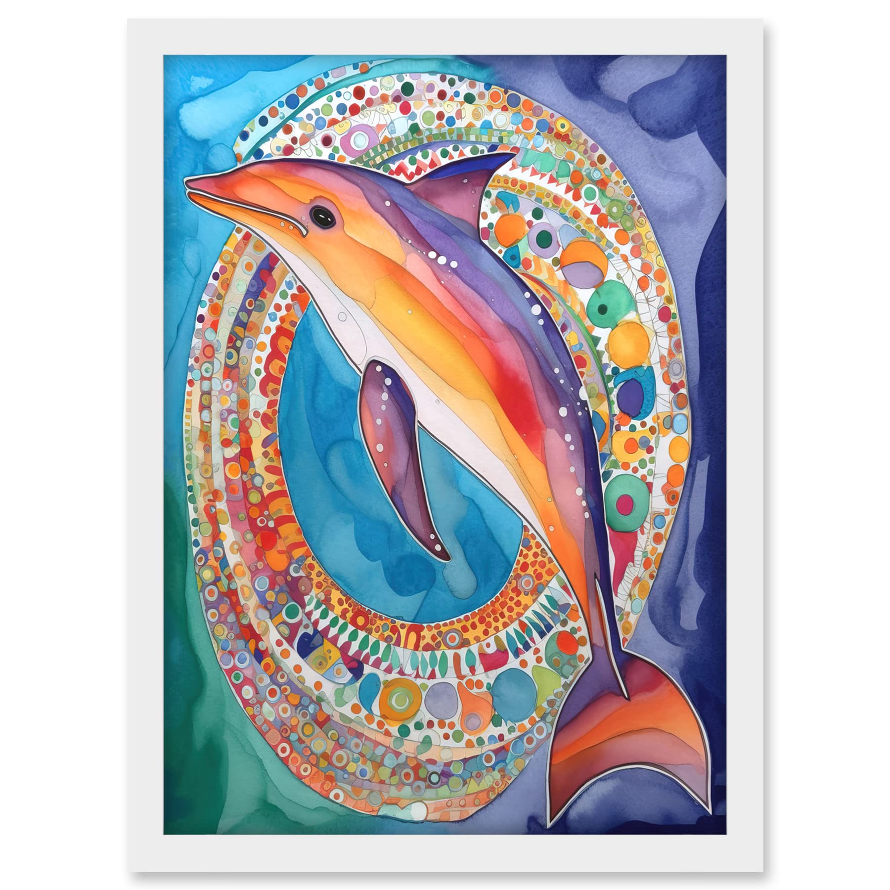 Artery8 Rainbow Dolphin And Pattern Hoop Folk Art Watercolour Painting Artwork Framed A3 Wall Art Print