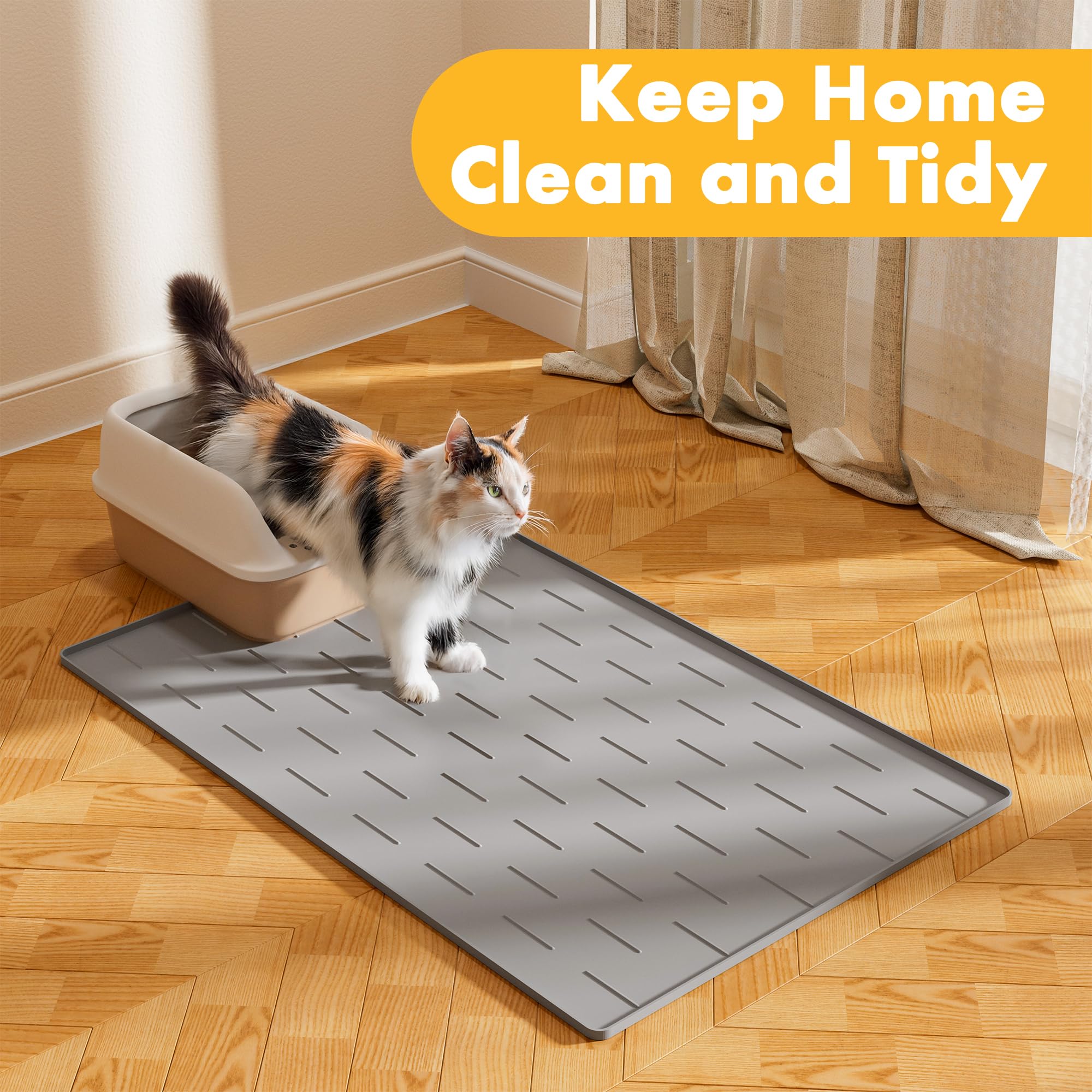 Pieviev Silicone Cat Litter Trapping Mat, 40''x28'' Extra Large Cat Litter Mat, Easy to Clean & Soft on Kitty Paws, Waterproof Kitty Litter Pads for Indoor Cats, Light Gray - image 8