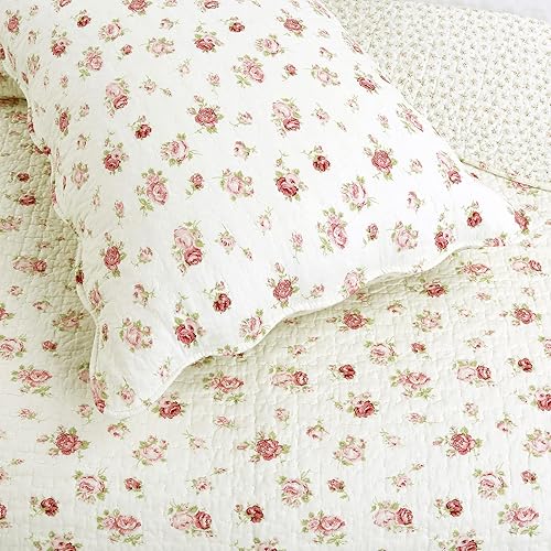 Cozy Line Home Fashions Juego de ropa de cama de 100 % algodón con diseño floral rosa rosa, colcha reversible para mujer (marfilrosas, tamaño Queen,