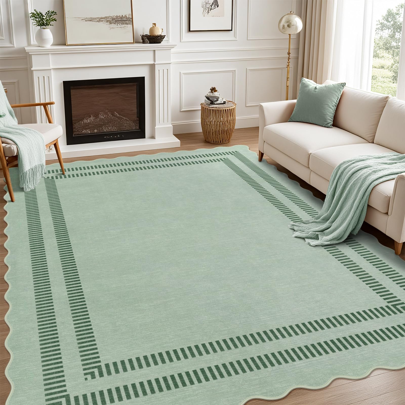 LORWER Scalloped Edge Rug 8x10 Sage Green