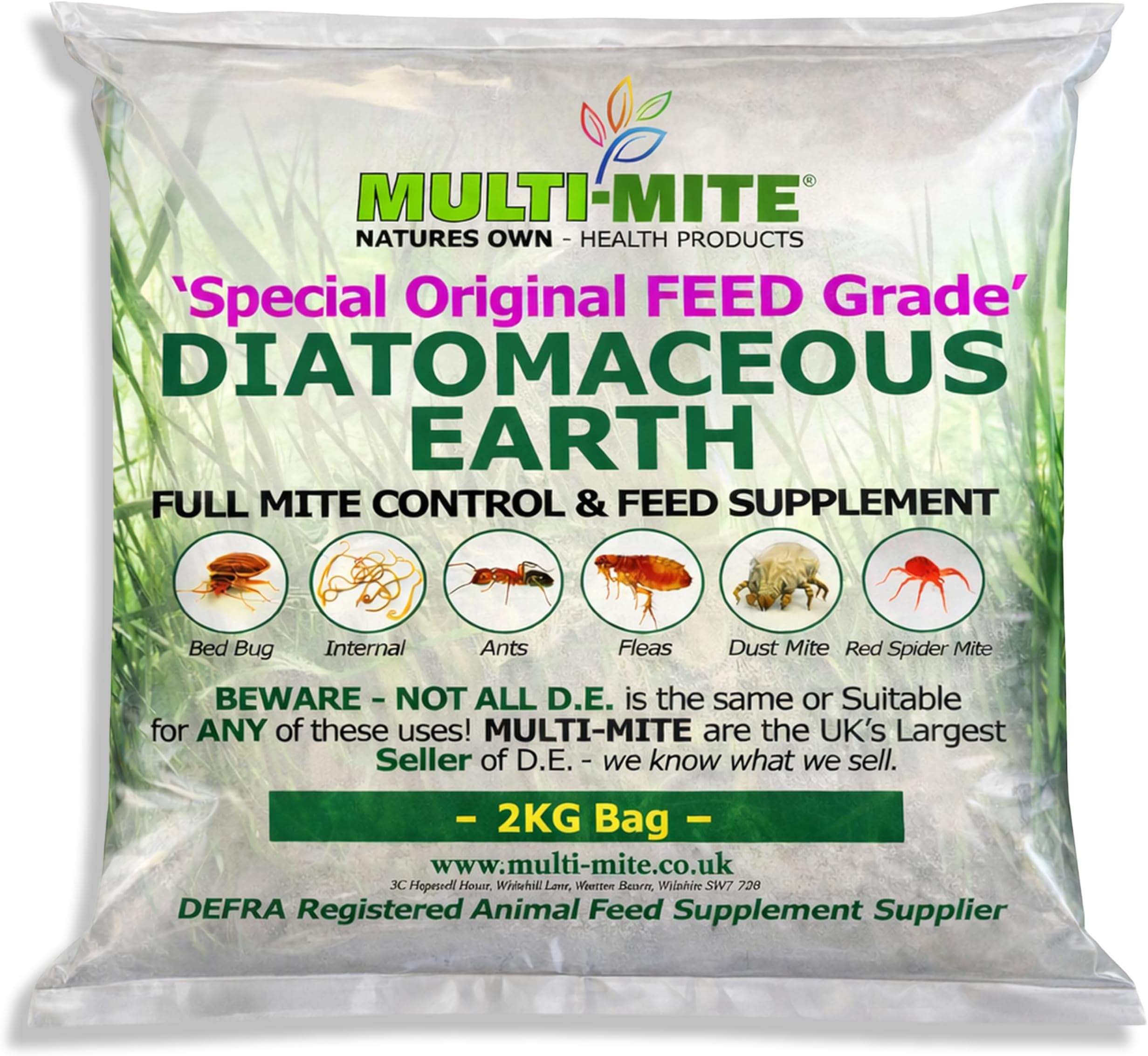 2KG DIATOMACEOUS EARTH Feed Supplement DE Powder - 100% Natural Insect Mite Treatment - Red Mite Fleas and All Animal Lice Control Powder