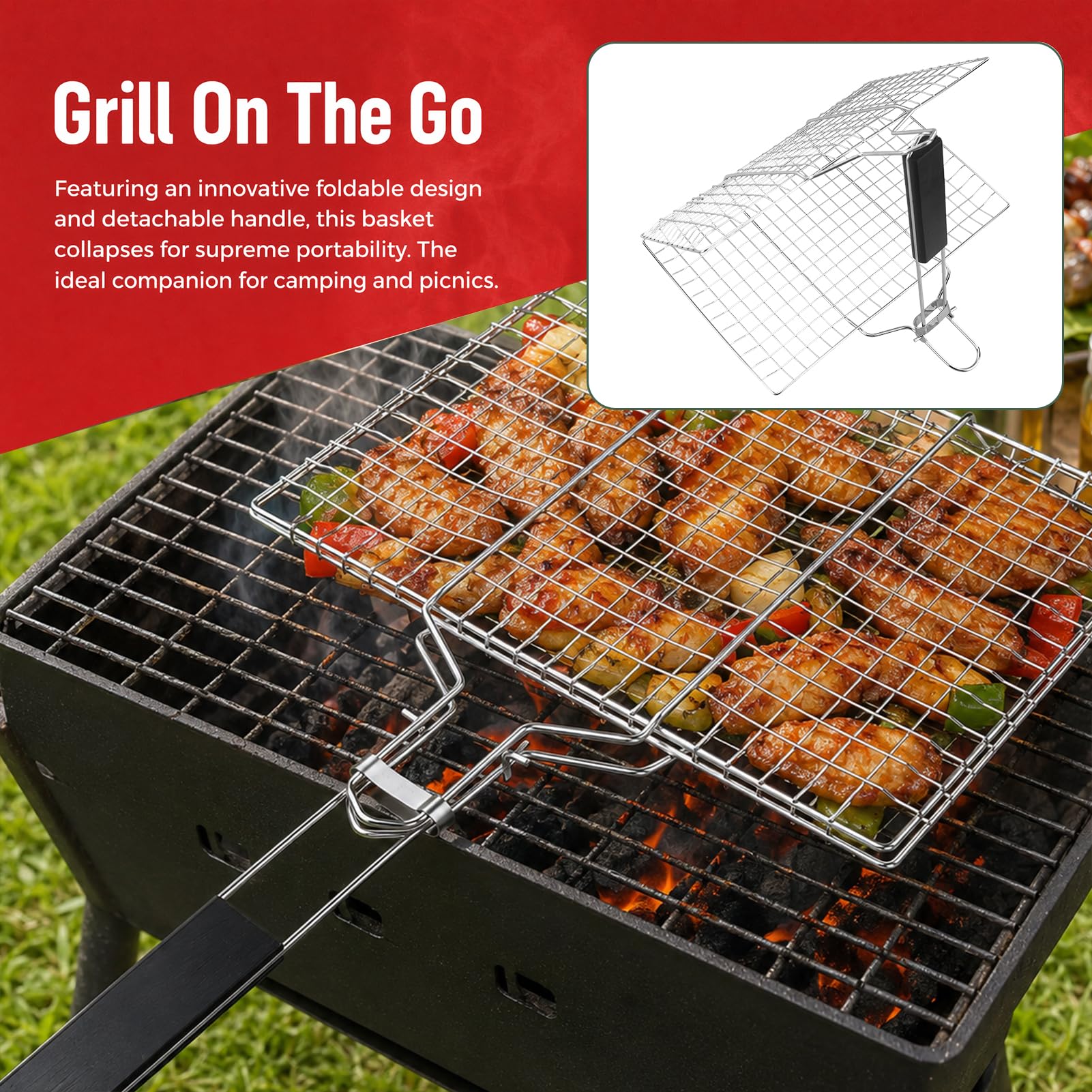 1 cestino per barbecue portatile in acciaio inox con pinza per alimenti e spazzola corta, accessori inossidabili, cestelli per grigliare, pinza pieghevole in rete con manico rimovibile per verdure