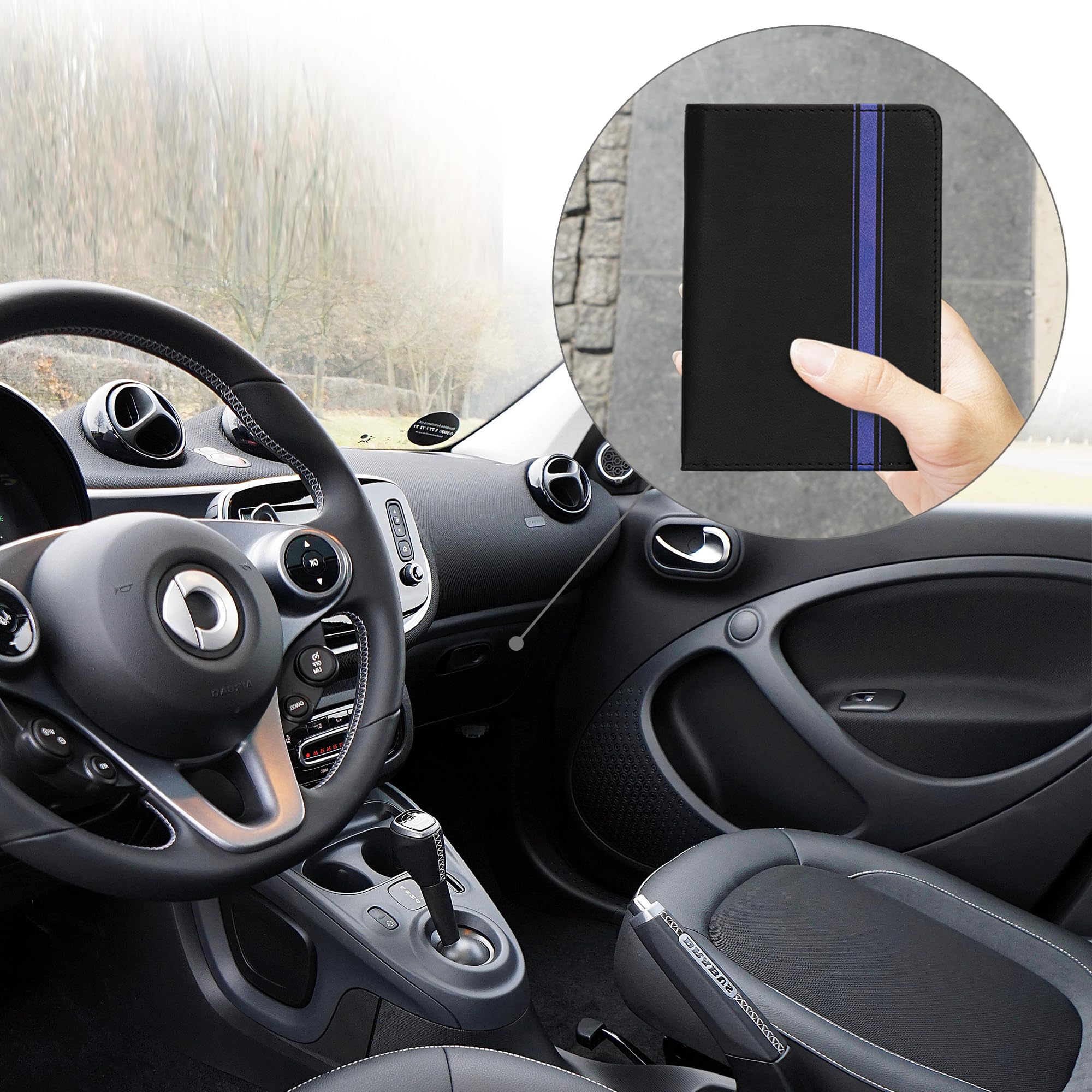 kwmobile Etui na dowód rejestracyjny pojazdu z przegródkami na karty - sztuczna skóra etui torebka certyfikat dopuszczenia - Don't Touch My Car biały czarny, niebiesko-czarny